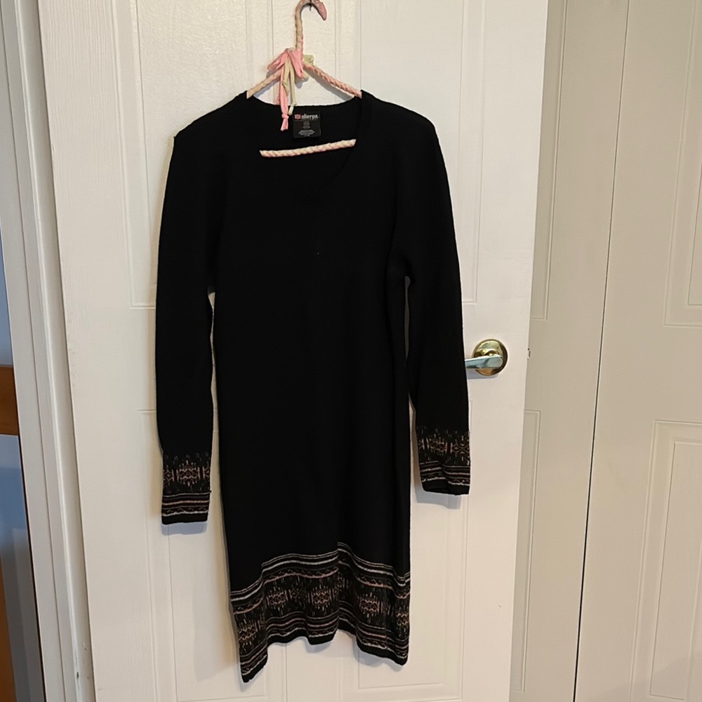 Black Knit Dress with Patterned Trim